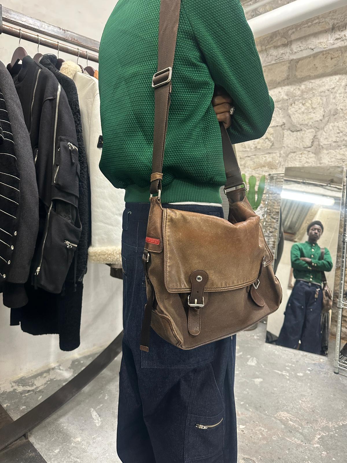 2000s Prada Linea Rossa Brown Leather Distressed Shoulder Bag (OS) - 1