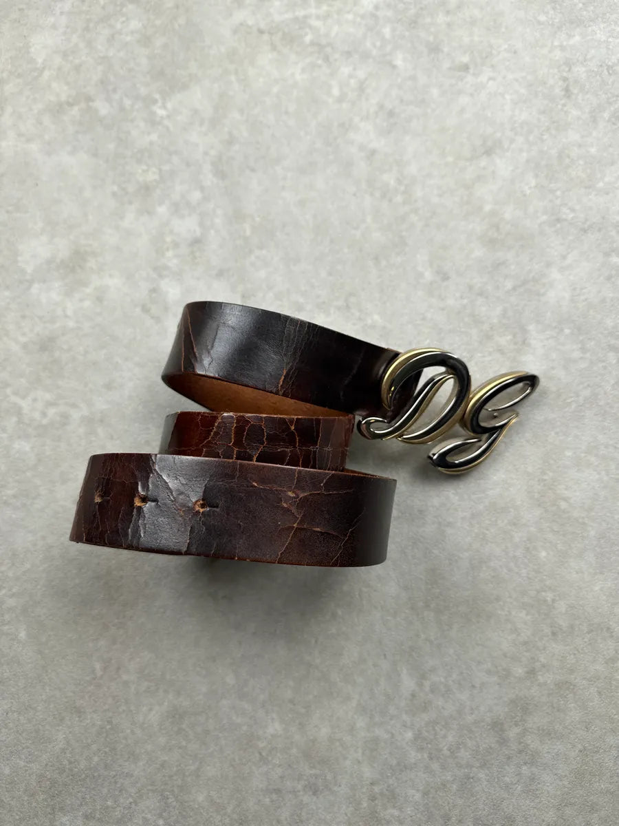 2000s Dolce & Gabbana Dark Brown Leather Cracked Eroded Belt qeoTUNwR 1