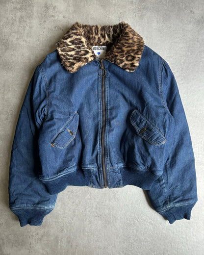 1990s Moschino Leopard Fur Denim Relaxed Bomber Jacket (S) - 4