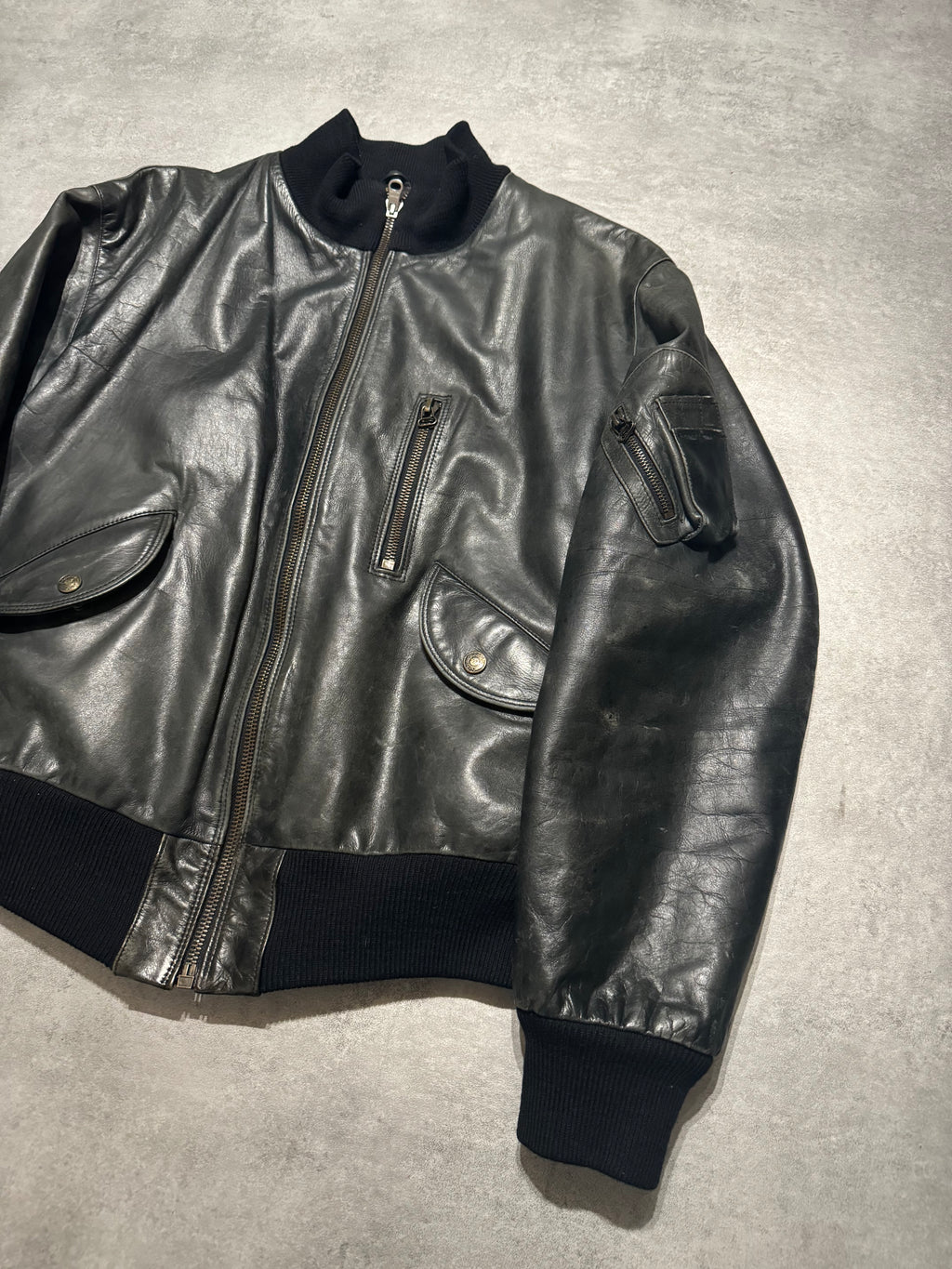1990s Armani Leather Patina Black Premium Italian Bomber Jacket  (M/L) - 10