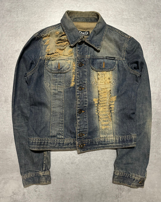 2000s Dolce & Gabbana Grey Distressed Aged Denim Jacket (XS) - 1