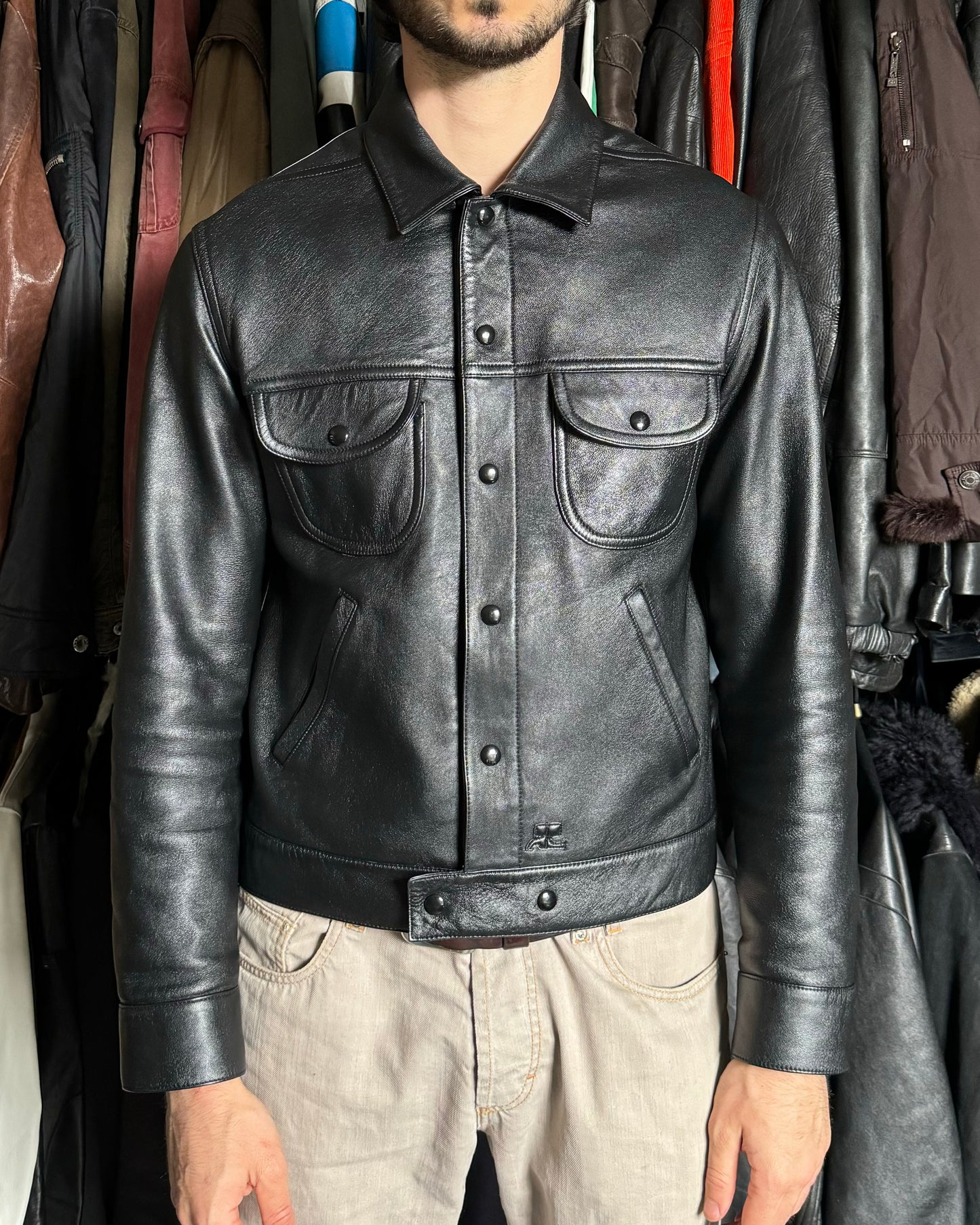 AW2023 Courrèges Worker Black Minimalist Leather Jacket (L) - 2