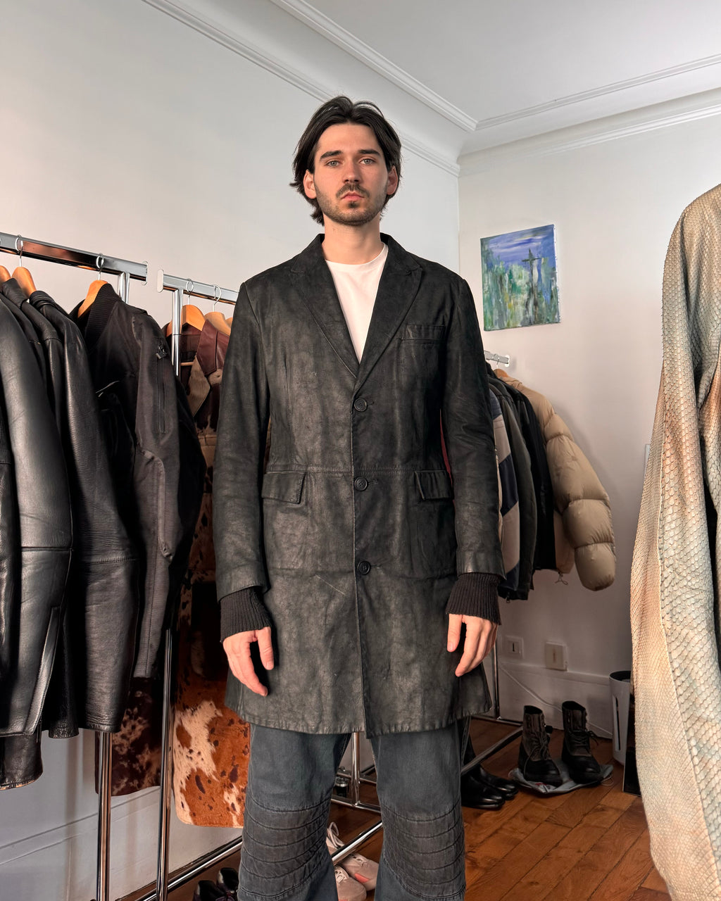 Isaac Sellam Experience Brut Shadow Dark Leather Trench Jacket (L) - 2