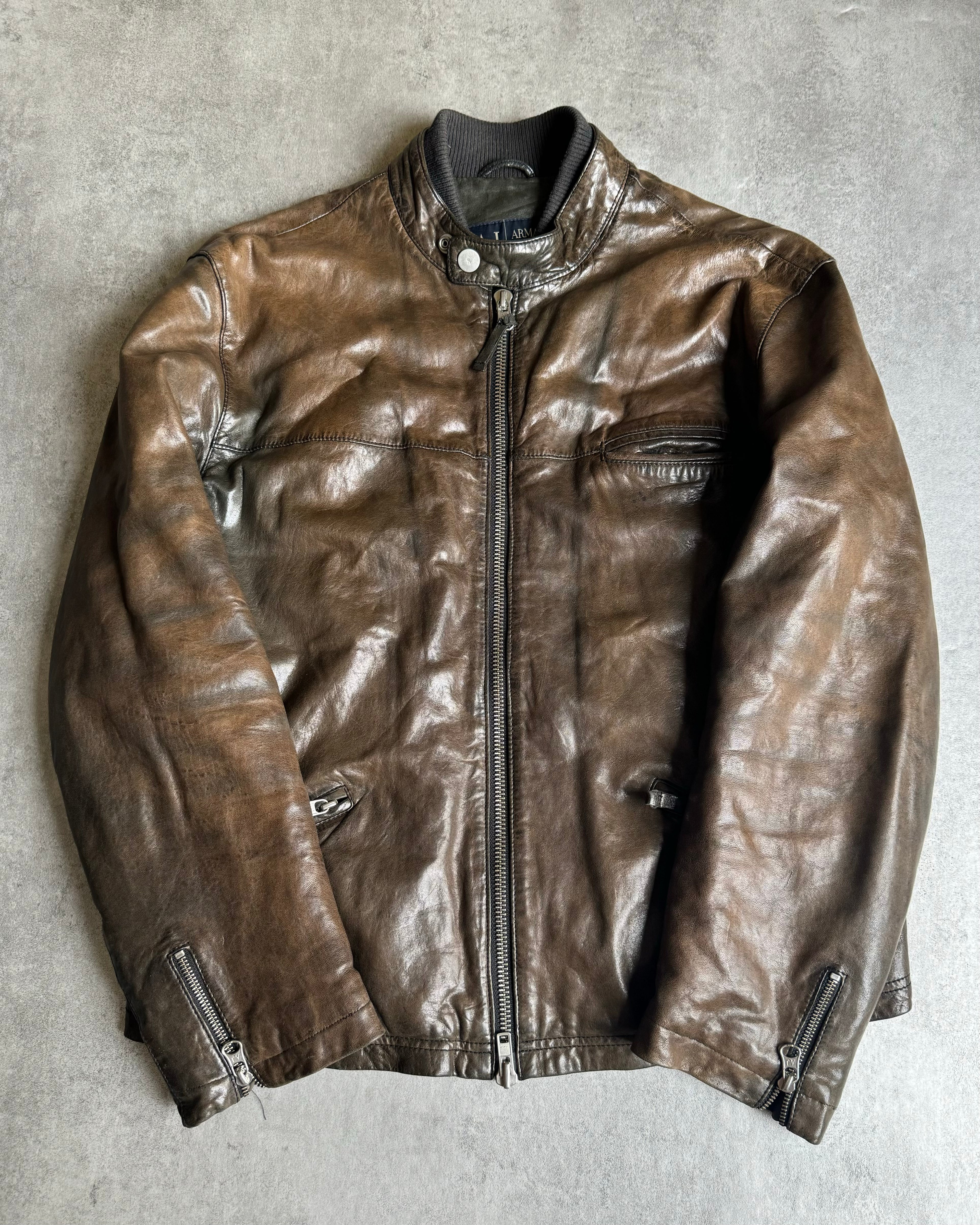 AW2008 Armani Brown Eroded Bomber Leather Jacket (L) - 7