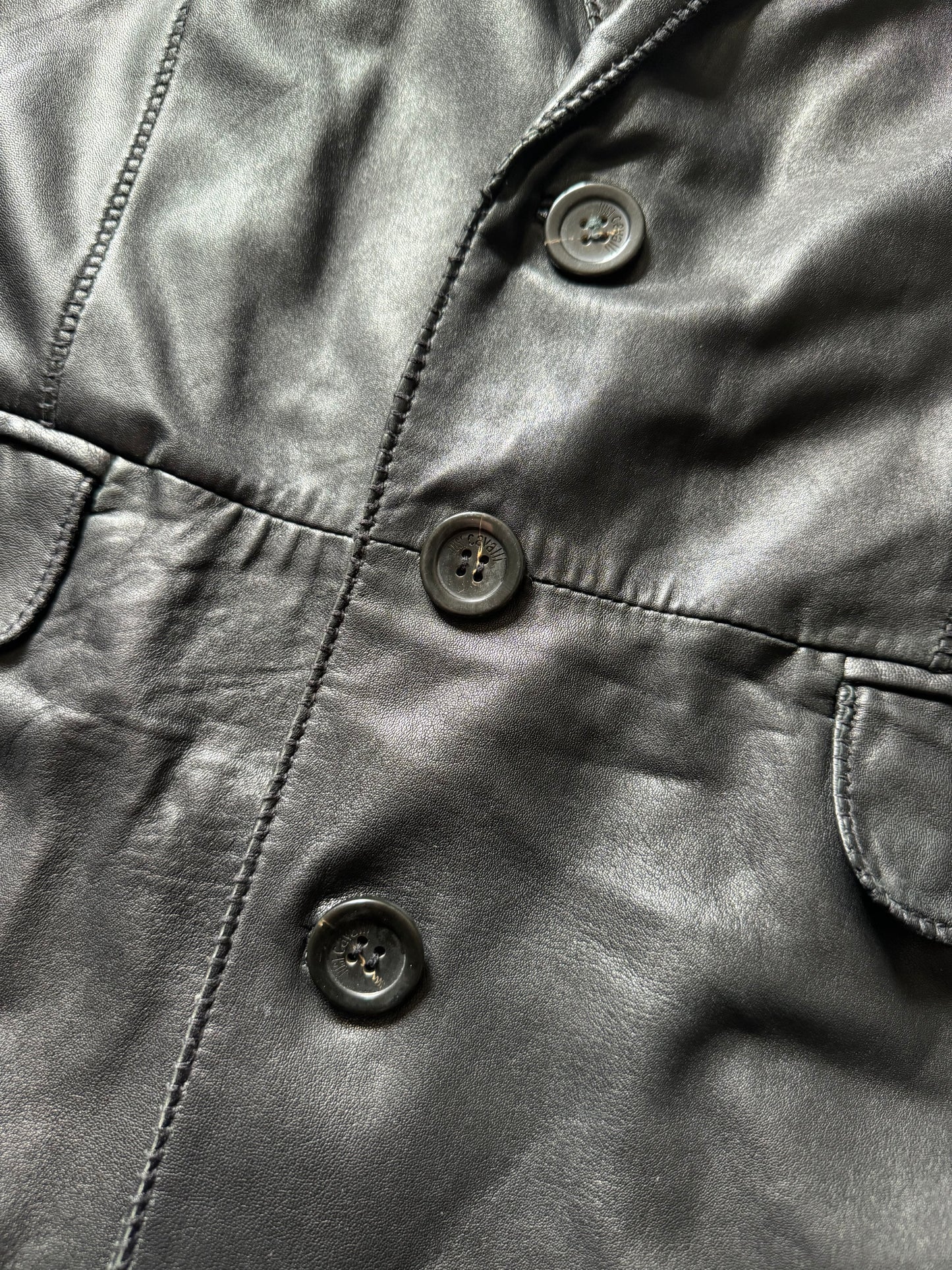AW2005 Cavalli Black Leather Trench Matrix Jacket (L) - 7