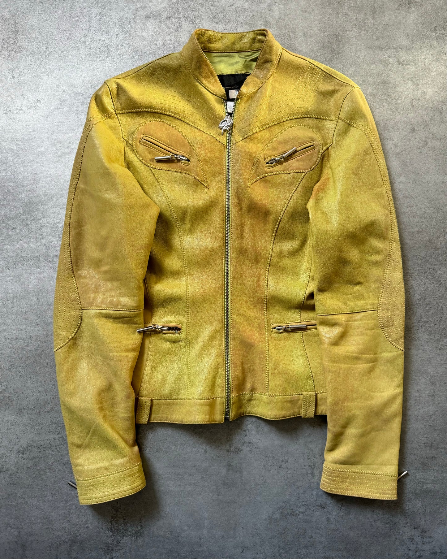 SS2004 Cavalli Sexy Biker Conceptual Yellow Leather Jacket (S) - 1