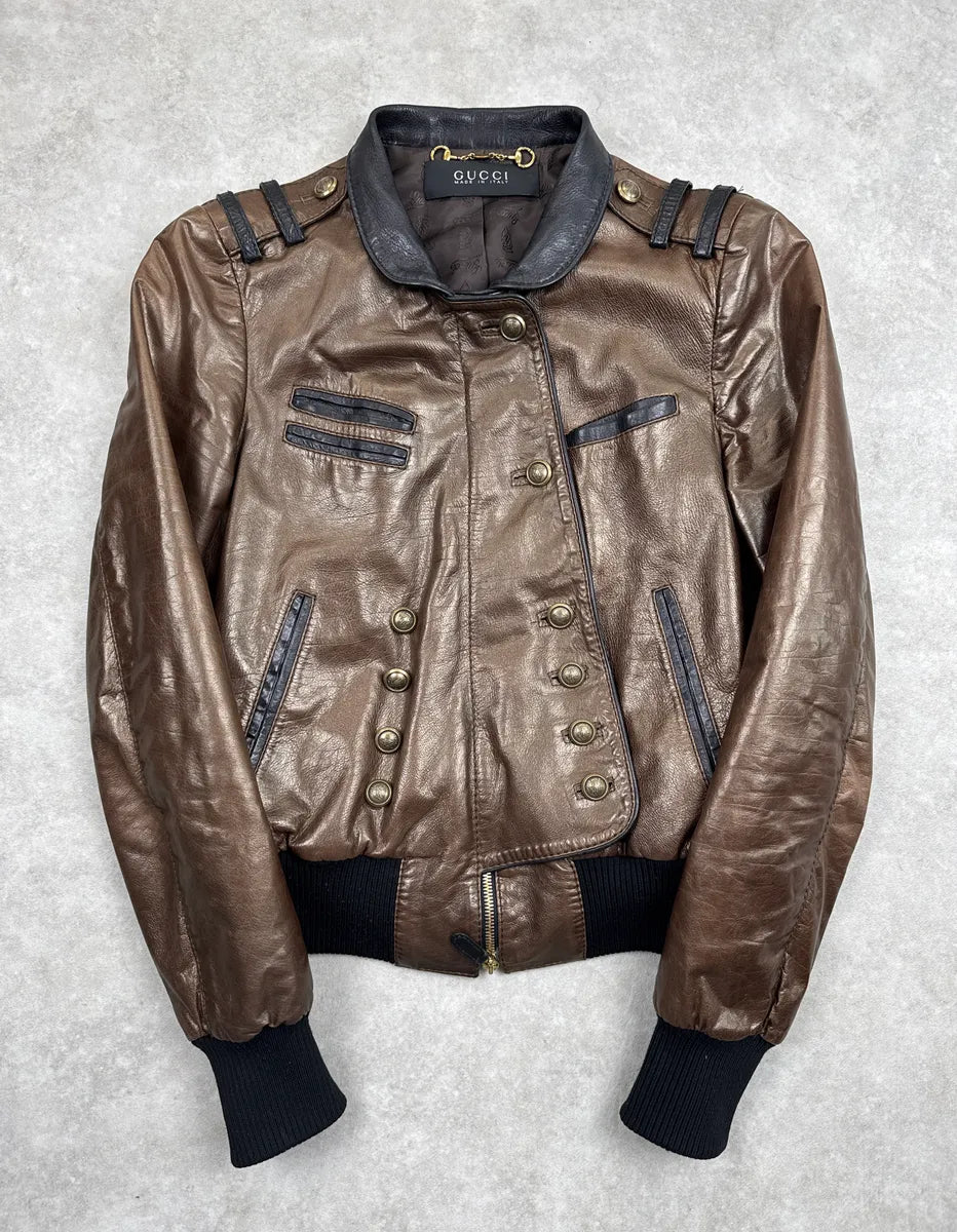 AW2008 Gucci Bronze Leather Offcier Asymmetric Bomber Jacket by Frida Giannini rUQqQQgu 3