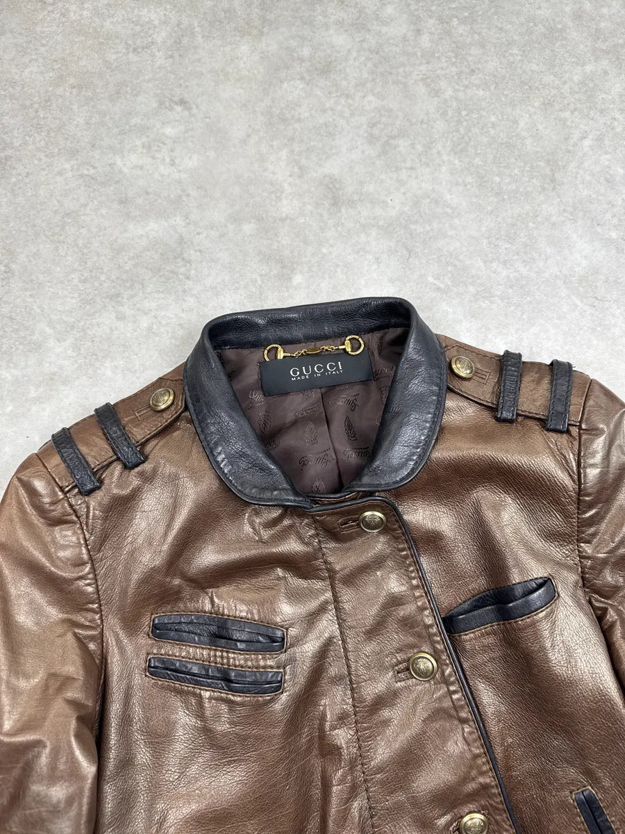 AW2008 Gucci Bronze Leather Offcier Asymmetric Bomber Jacket by Frida Giannini rUQqQQgu 6