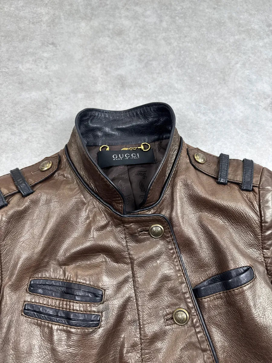 AW2008 Gucci Bronze Leather Offcier Asymmetric Bomber Jacket by Frida Giannini rUQqQQgu 7