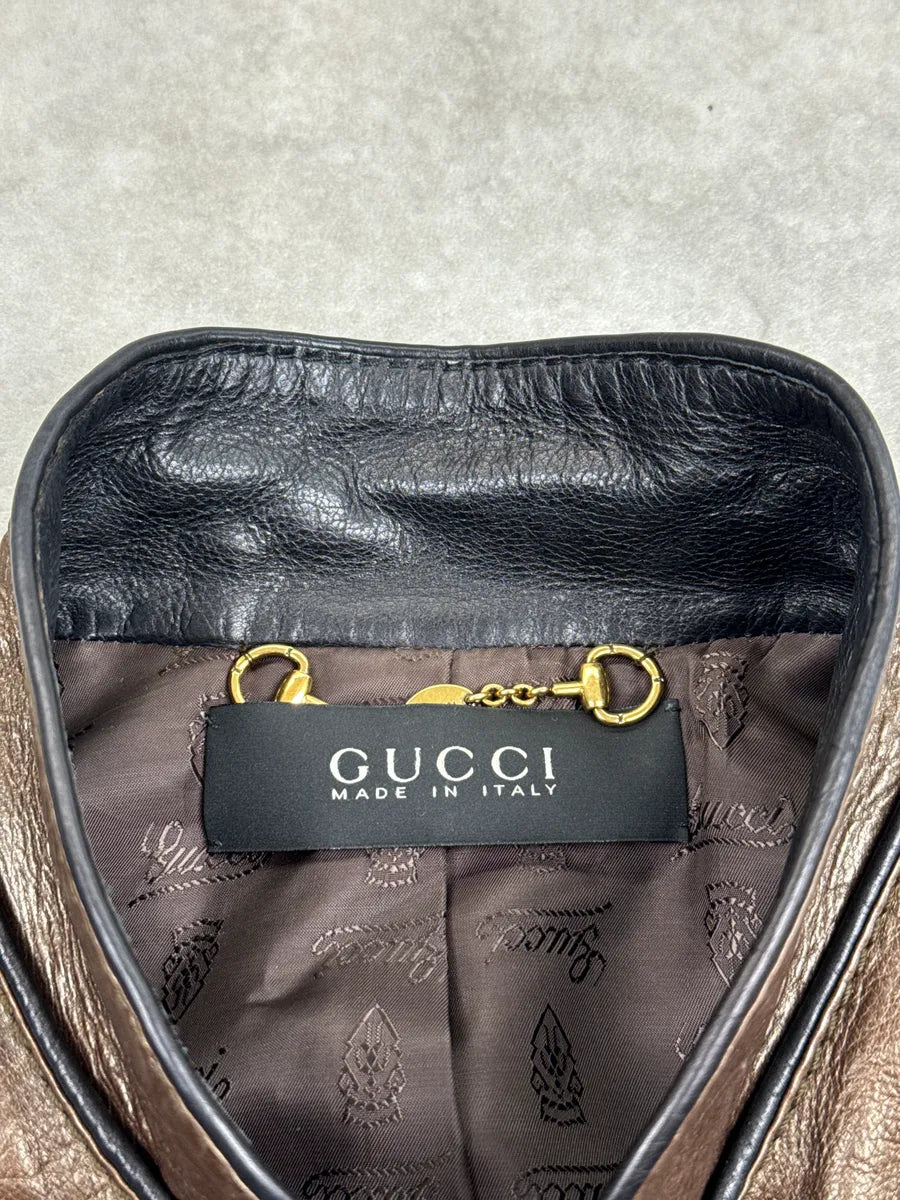 AW2008 Gucci Bronze Leather Offcier Asymmetric Bomber Jacket by Frida Giannini rUQqQQgu 11