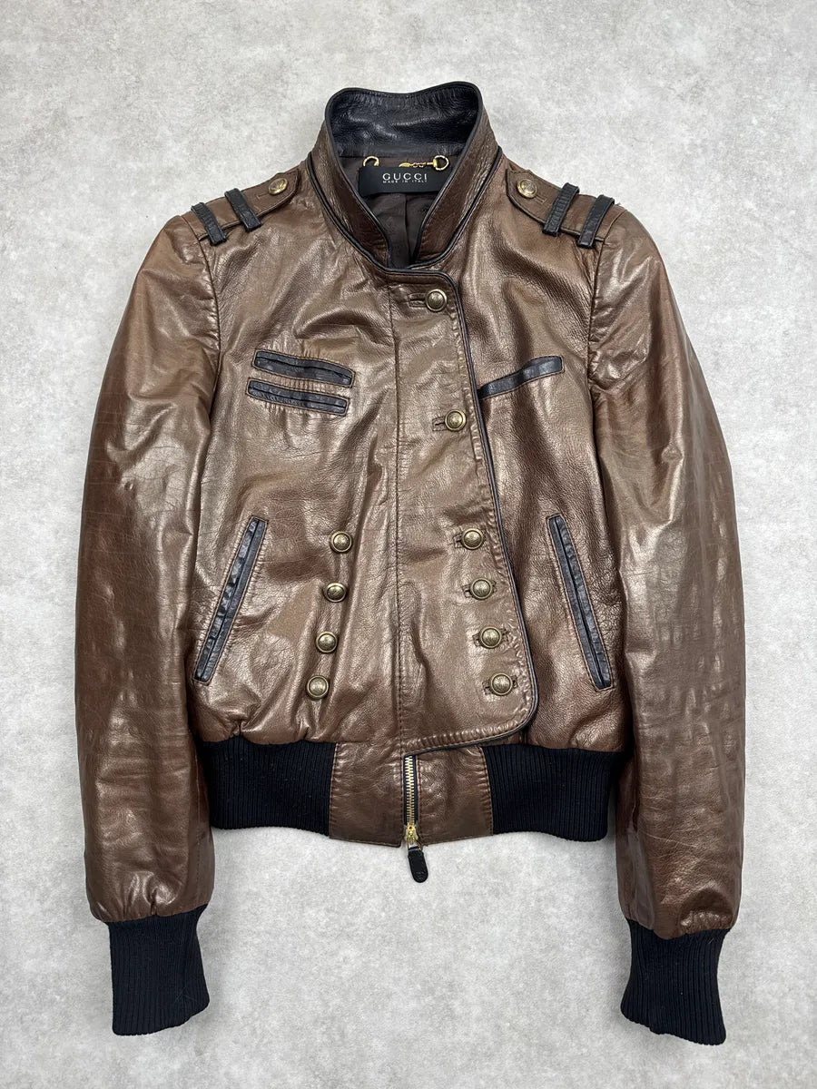 AW2008 Gucci Bronze Leather Offcier Asymmetric Bomber Jacket by Frida Giannini rUQqQQgu 0