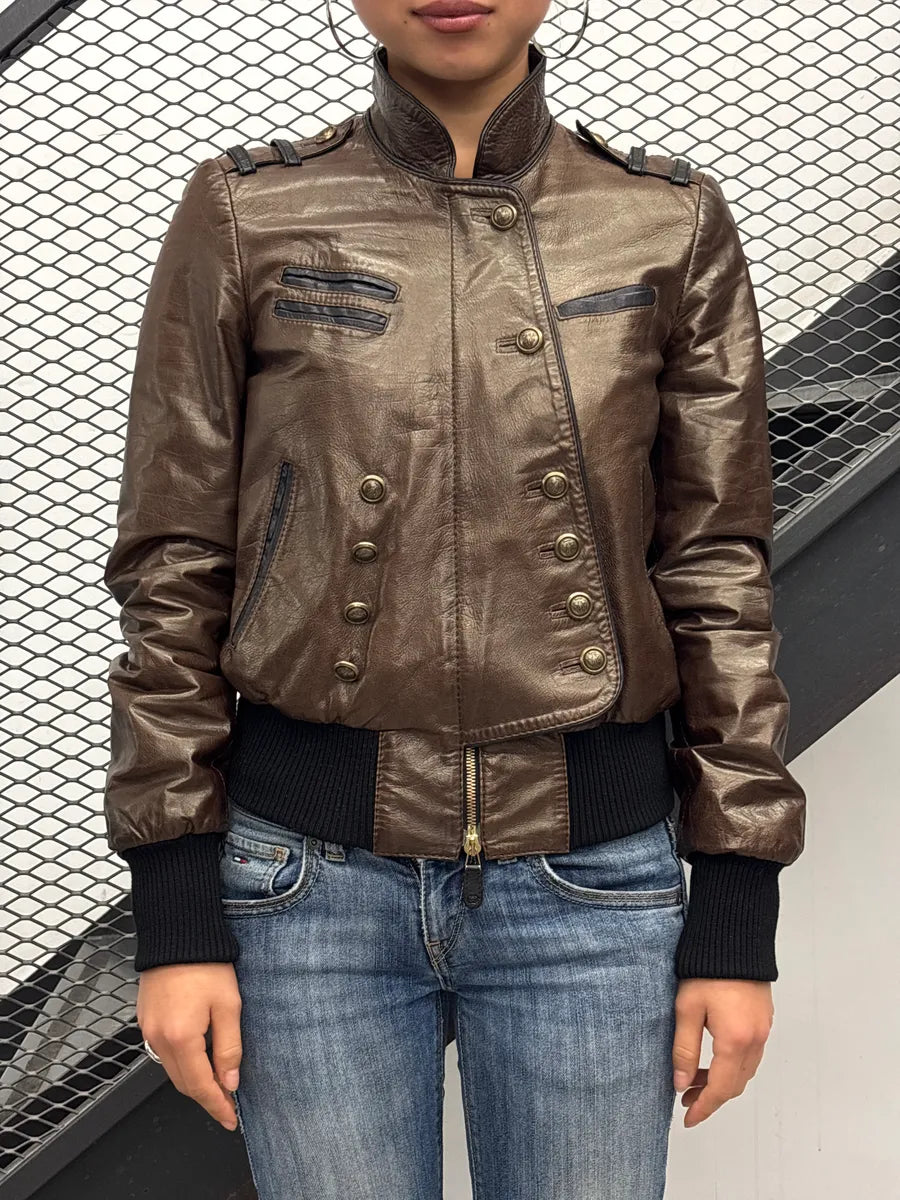AW2008 Gucci Bronze Leather Offcier Asymmetric Bomber Jacket by Frida Giannini rUQqQQgu 1