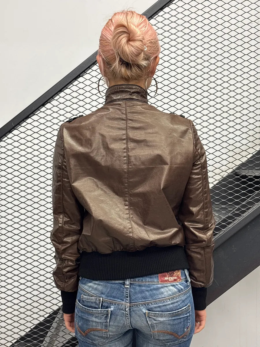 AW2008 Gucci Bronze Leather Offcier Asymmetric Bomber Jacket by Frida Giannini rUQqQQgu 2