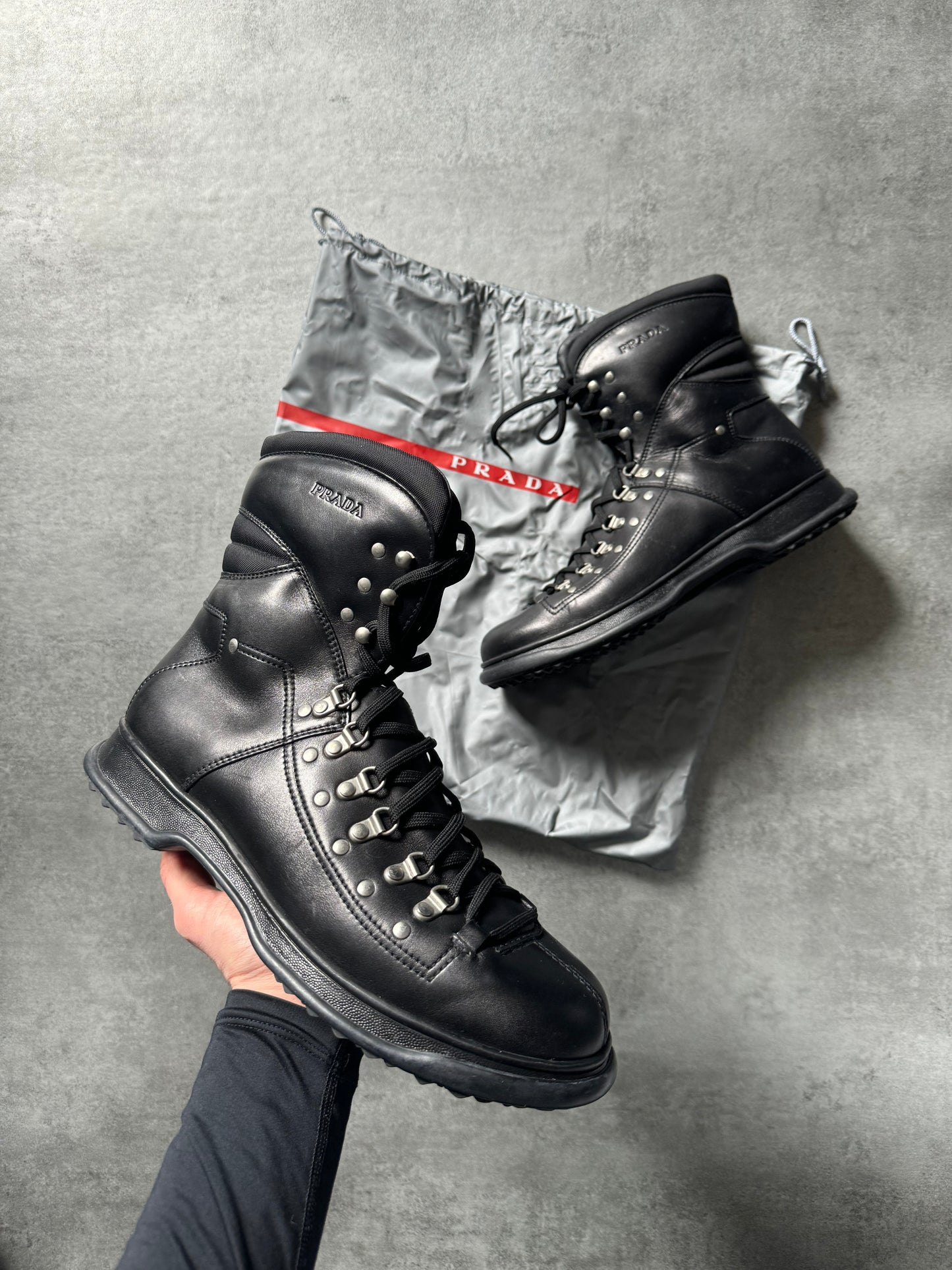 2000s Prada Hiking Black Leather Boots (44) - 1
