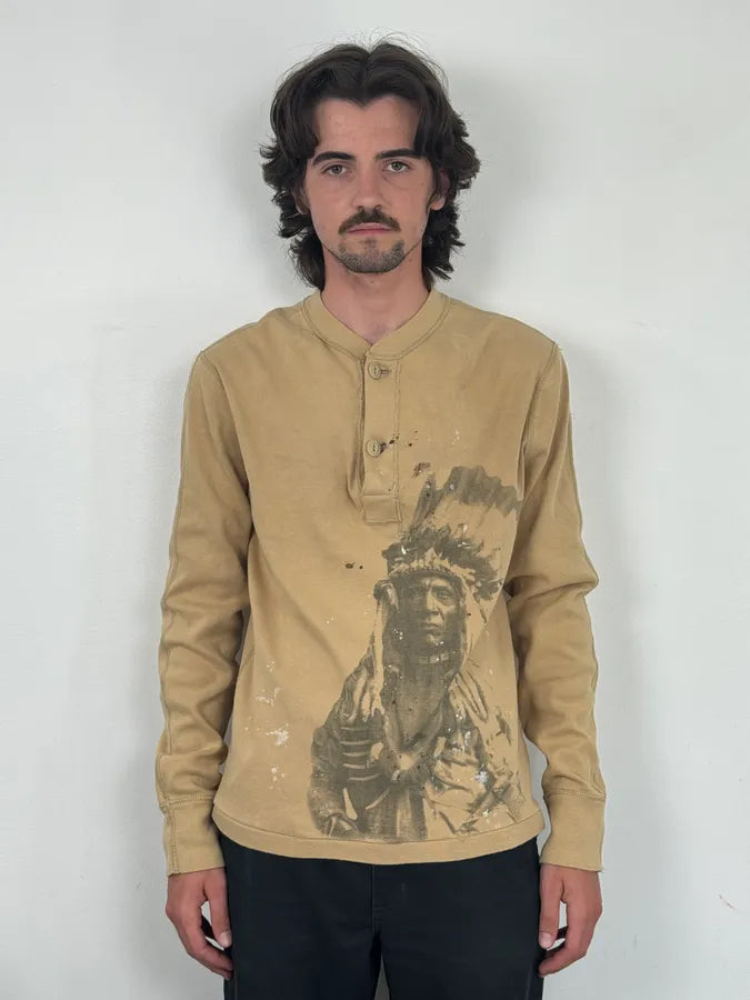 2010s Ralph Lauren Beige Native American Indian Henley Longsleeve JwREooL 1