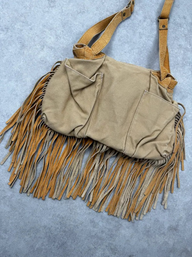 2010s Ralph Lauren Beige Suede Fringe Cargo Crossbody Bag JfrUVHa 5