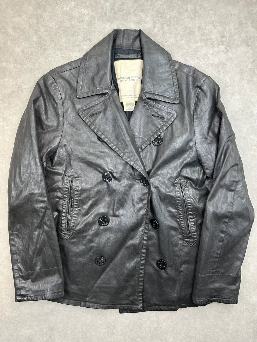 AW2012 Ralph Lauren Black Waxed Cotton Double Breasted Jacket dKUaWJy 1