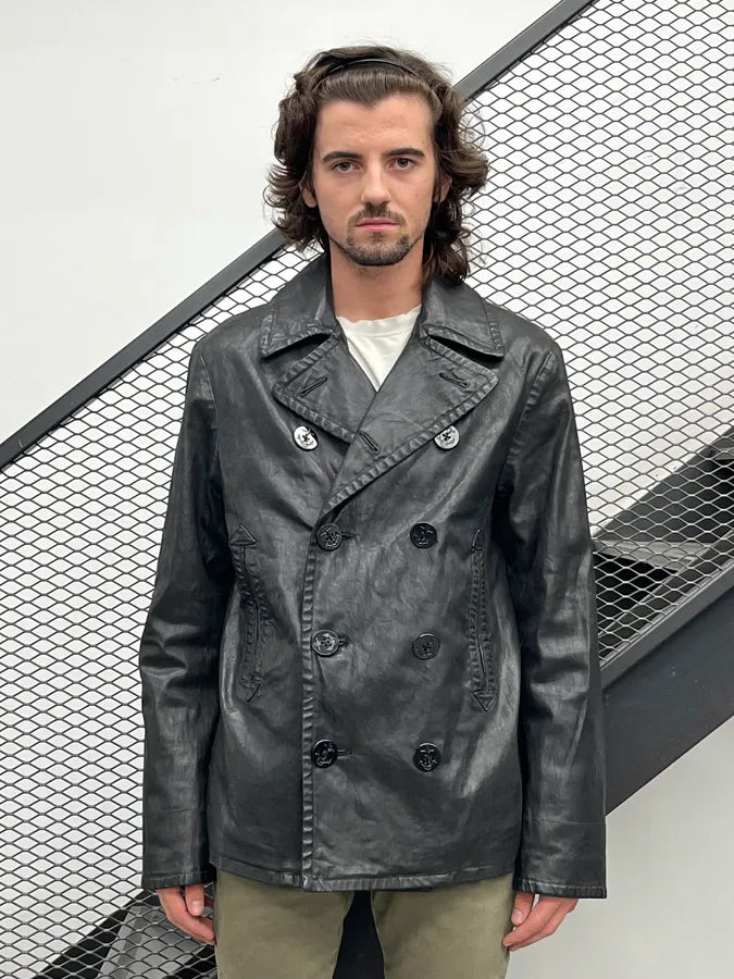 AW2012 Ralph Lauren Black Waxed Cotton Double Breasted Jacket dKUaWJy 0