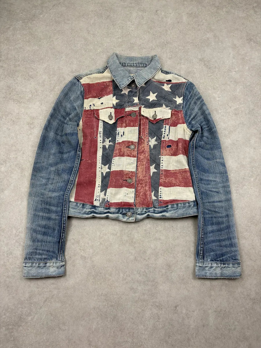 2010s Ralph Lauren Blue American Flag Distressed Denim Jacket buIEFWP 2