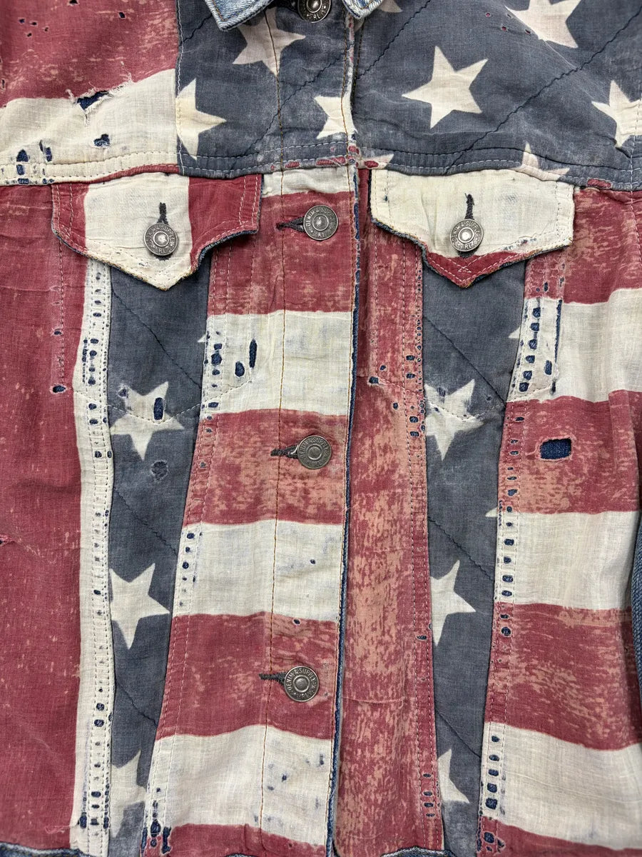2010s Ralph Lauren Blue American Flag Distressed Denim Jacket buIEFWP 6