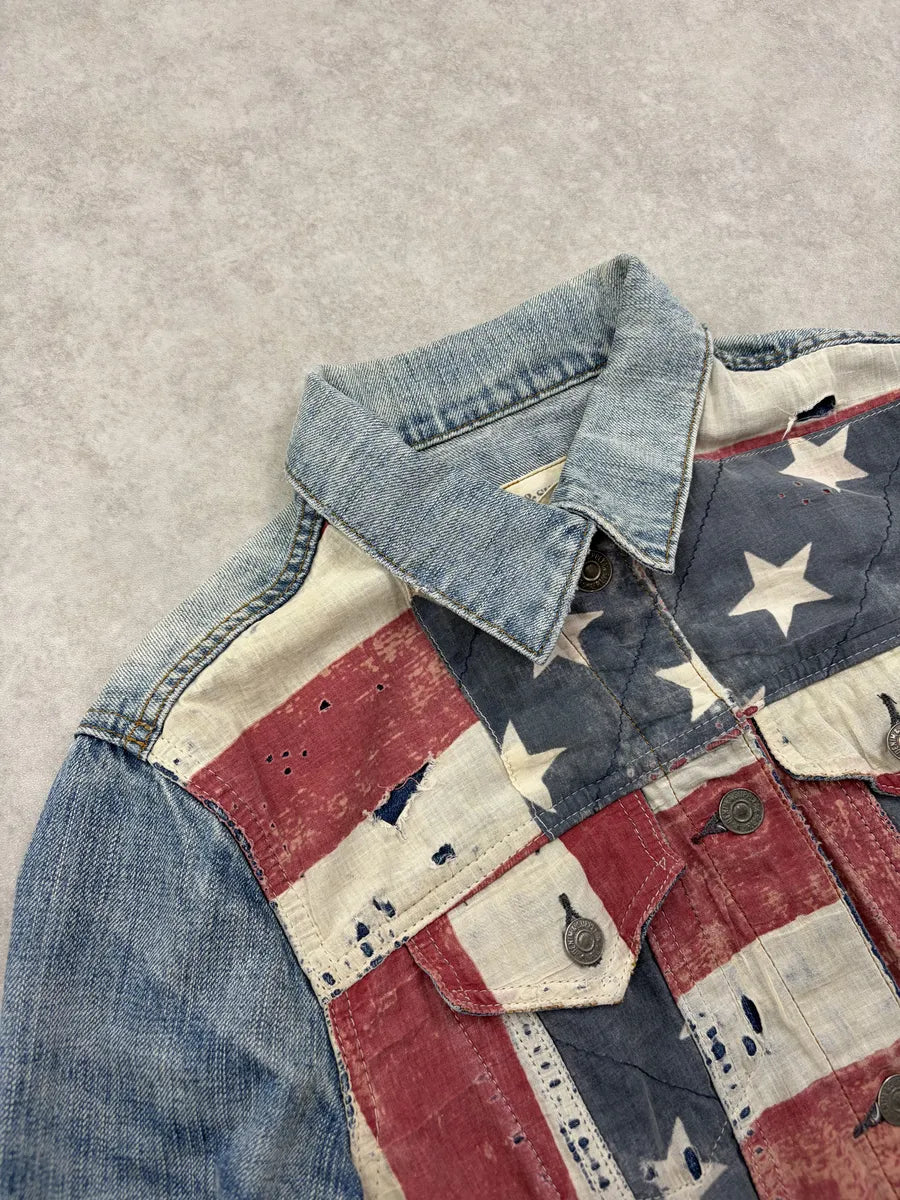 2010s Ralph Lauren Blue American Flag Distressed Denim Jacket buIEFWP 5