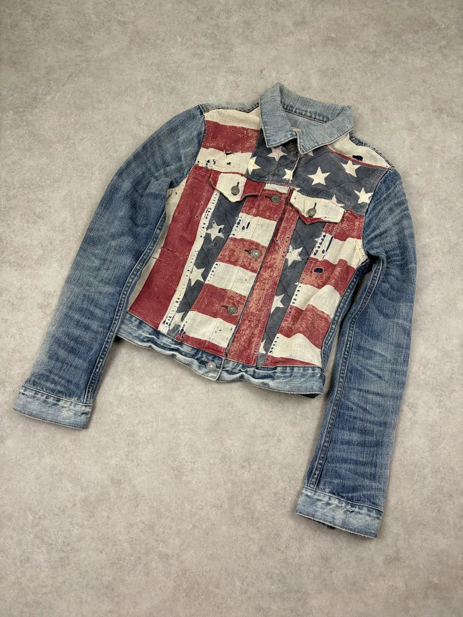 2010s Ralph Lauren Blue American Flag Distressed Denim Jacket buIEFWP 3