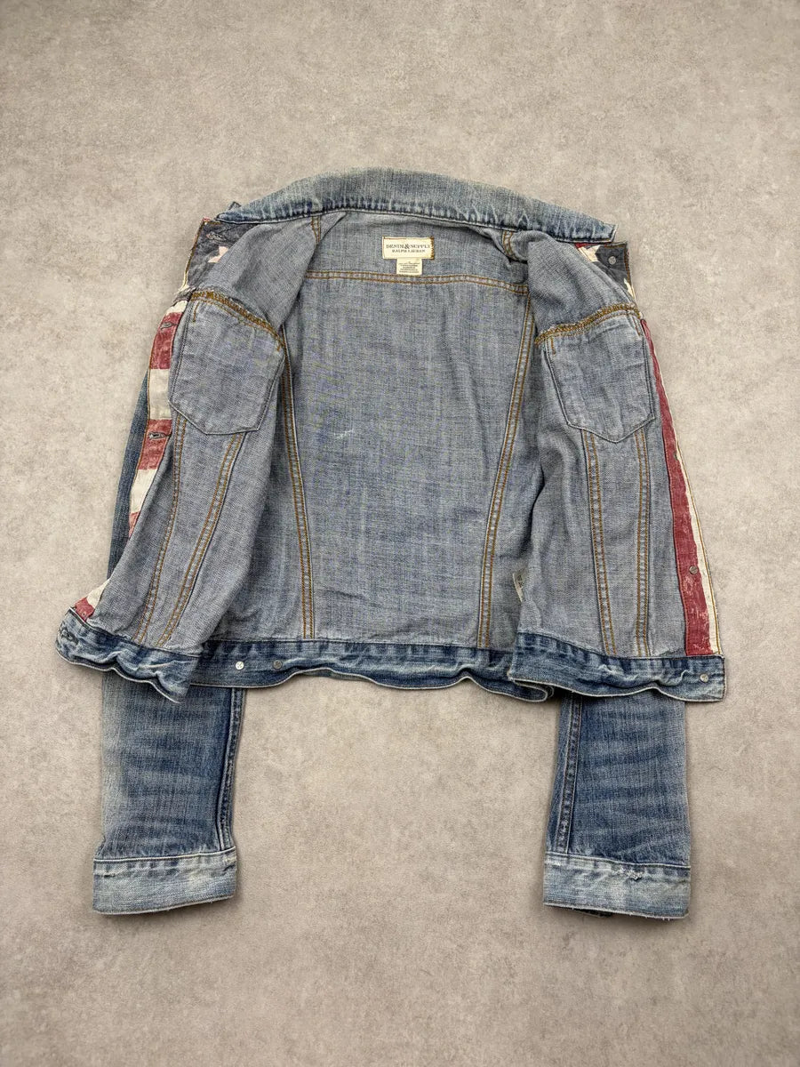 2010s Ralph Lauren Blue American Flag Distressed Denim Jacket buIEFWP 8