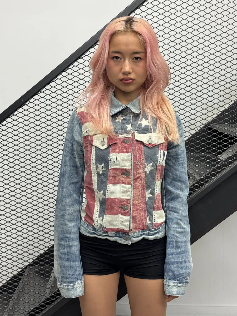 2010s Ralph Lauren Blue American Flag Distressed Denim Jacket buIEFWP 0