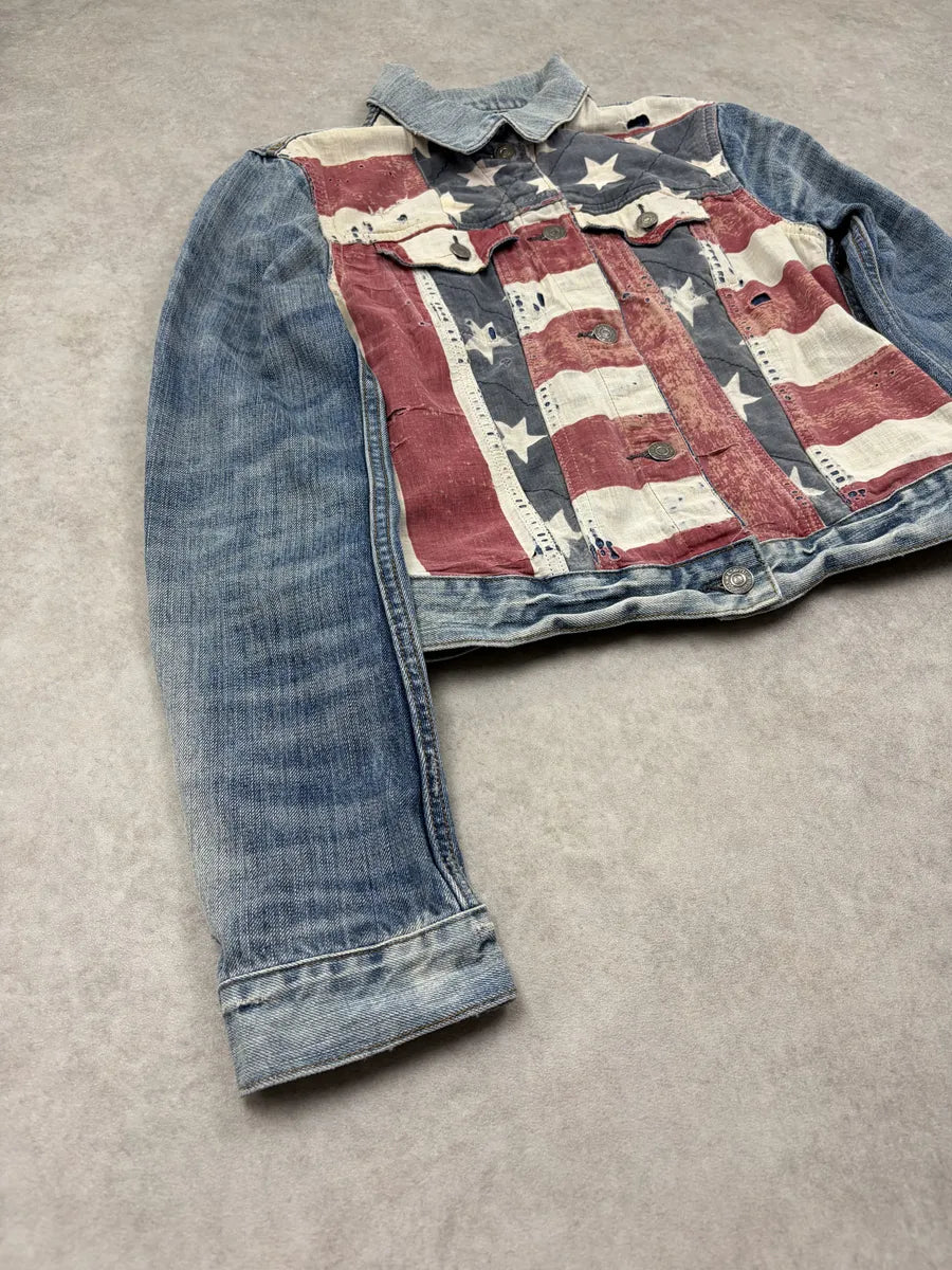 2010s Ralph Lauren Blue American Flag Distressed Denim Jacket buIEFWP 4
