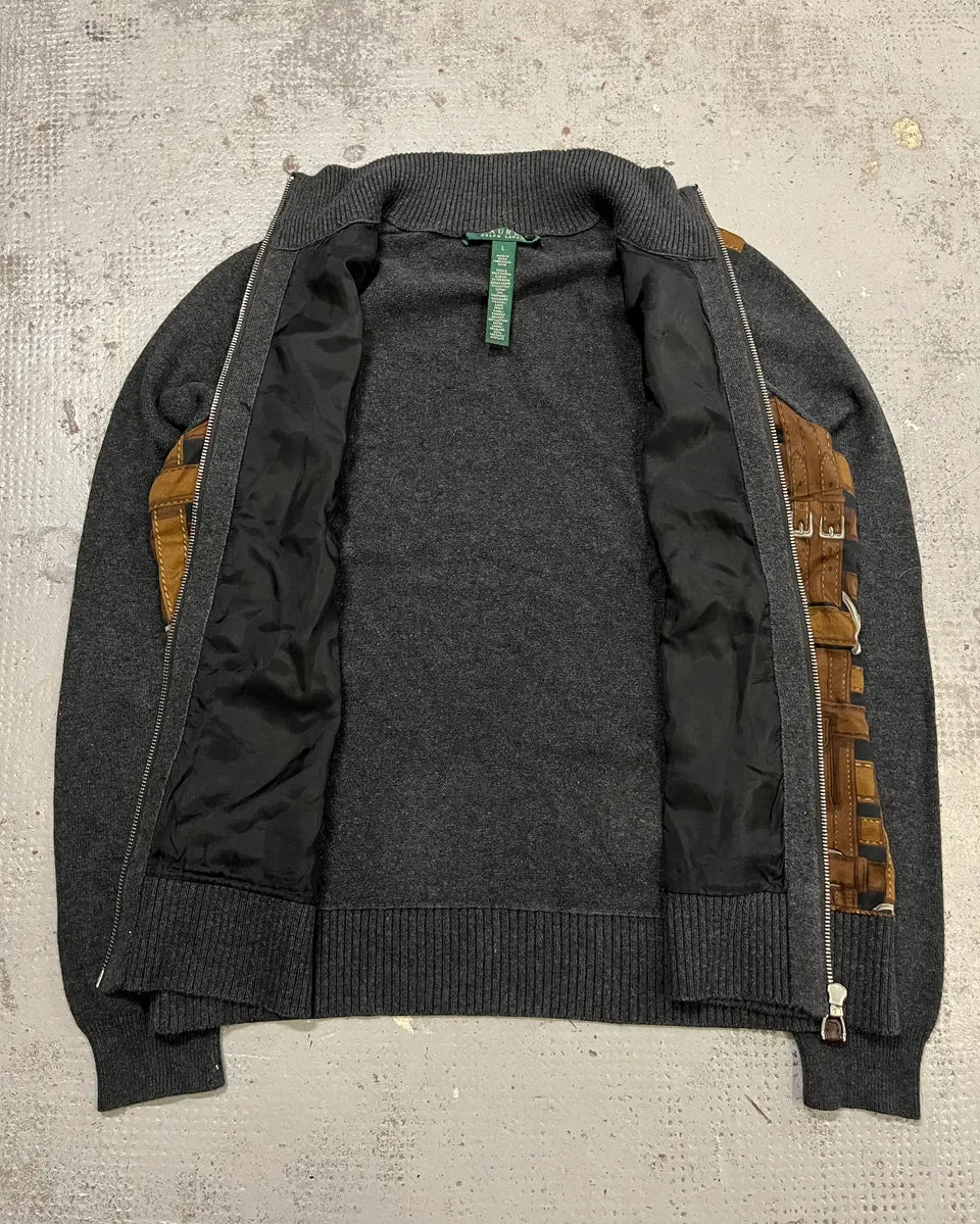 Ralph Lauren Brown Equestrian Belt Grey Zip-Up Sweater RrFQotH 7