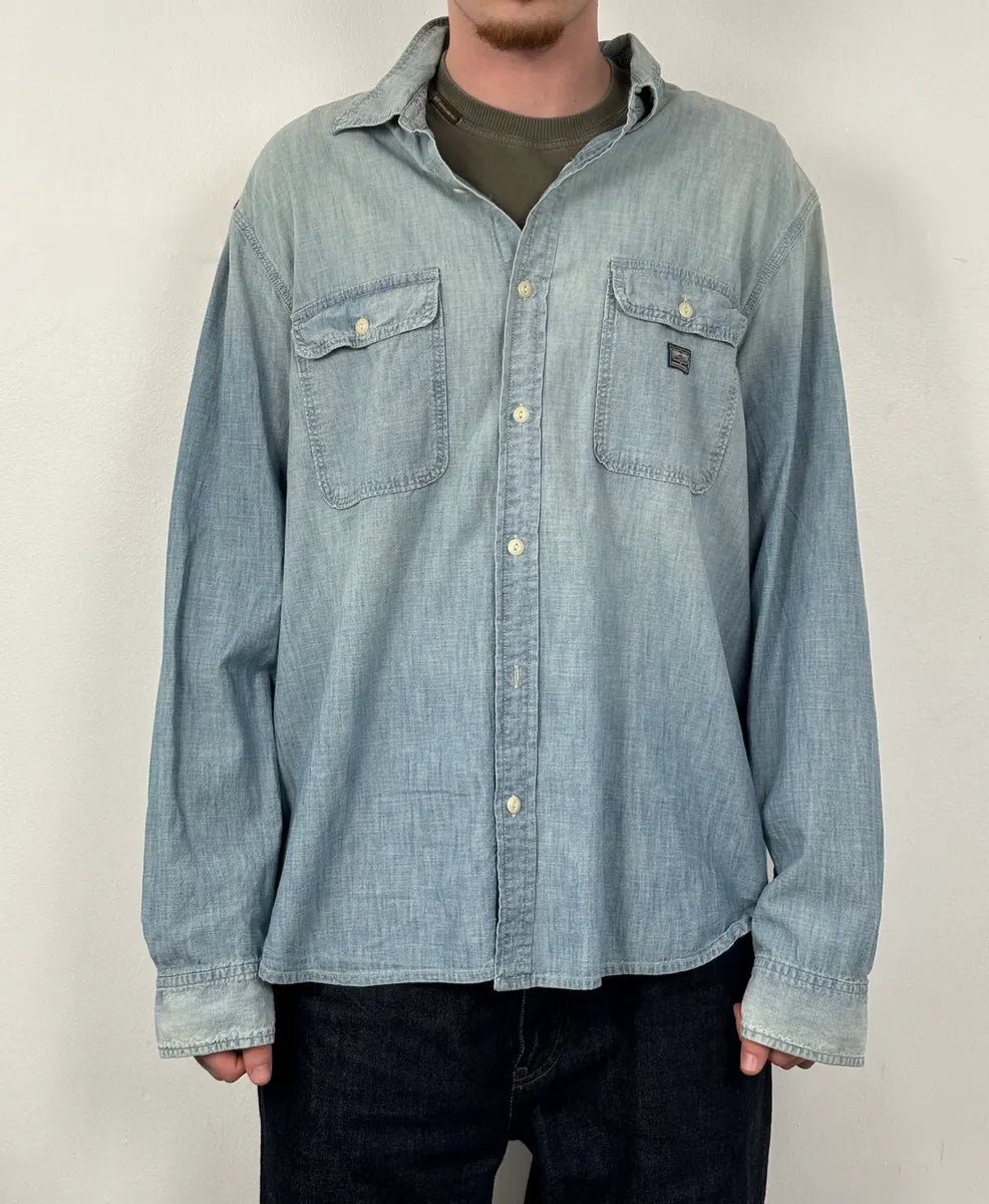 2010s Ralph Lauren Blue Denim Distressed USA Flag Shirt  QKfFoWe 2