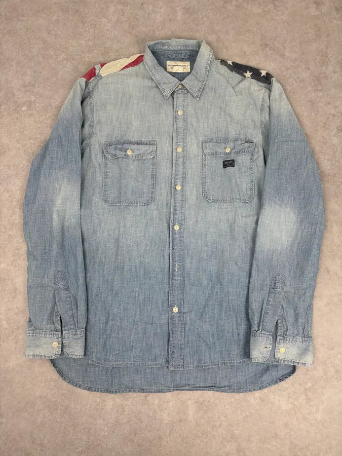 2010s Ralph Lauren Blue Denim Distressed USA Flag Shirt  QKfFoWe 1