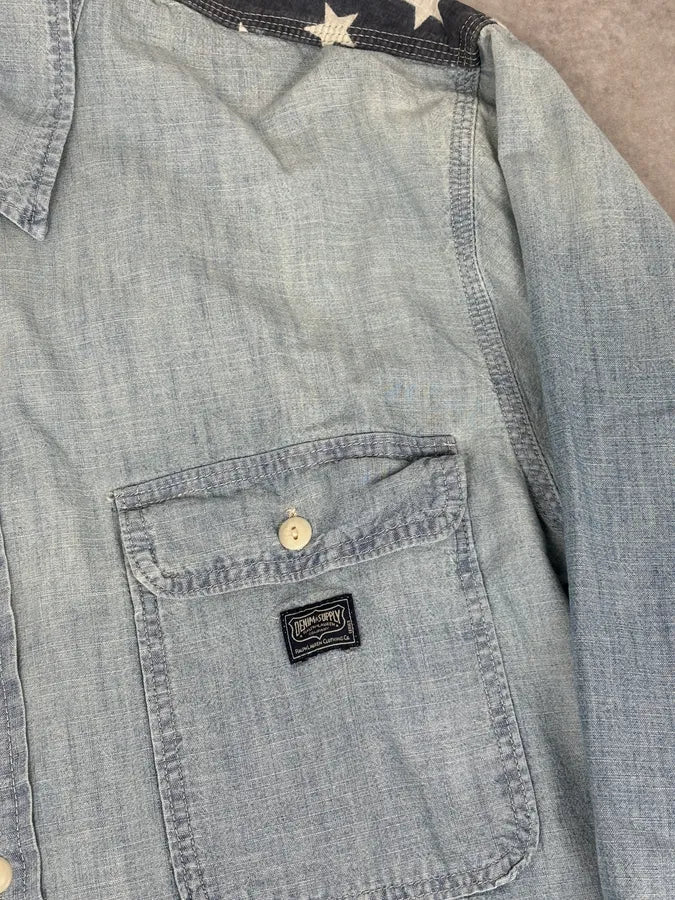 2010s Ralph Lauren Blue Denim Distressed USA Flag Shirt  QKfFoWe 7