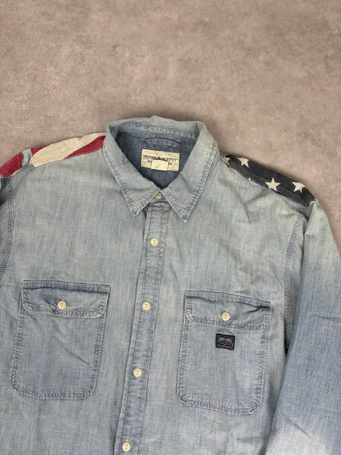 2010s Ralph Lauren Blue Denim Distressed USA Flag Shirt  QKfFoWe 4