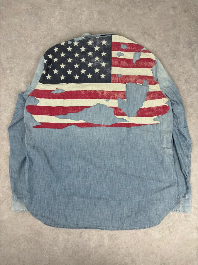2010s Ralph Lauren Blue Denim Distressed USA Flag Shirt  QKfFoWe 0