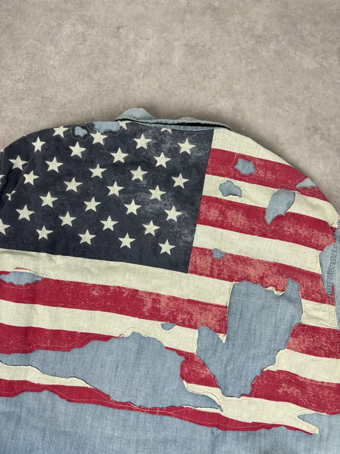 2010s Ralph Lauren Blue Denim Distressed USA Flag Shirt  QKfFoWe 5
