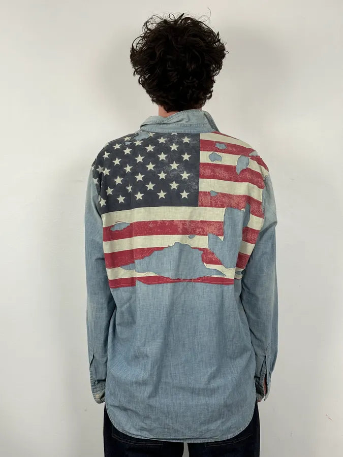 2010s Ralph Lauren Blue Denim Distressed USA Flag Shirt  QKfFoWe 3