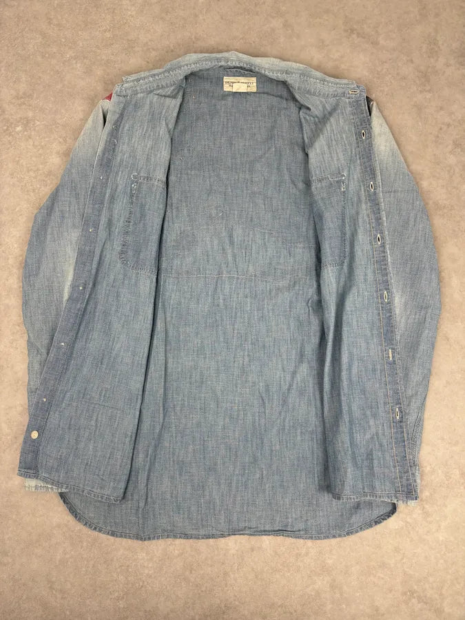 2010s Ralph Lauren Blue Denim Distressed USA Flag Shirt  QKfFoWe 6