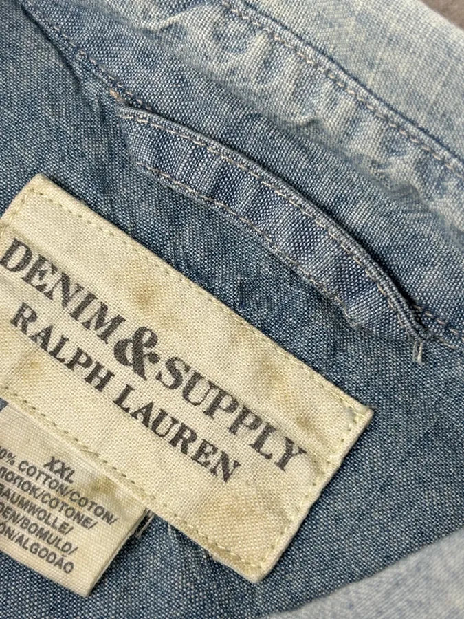 2010s Ralph Lauren Blue Denim Distressed USA Flag Shirt  QKfFoWe 8