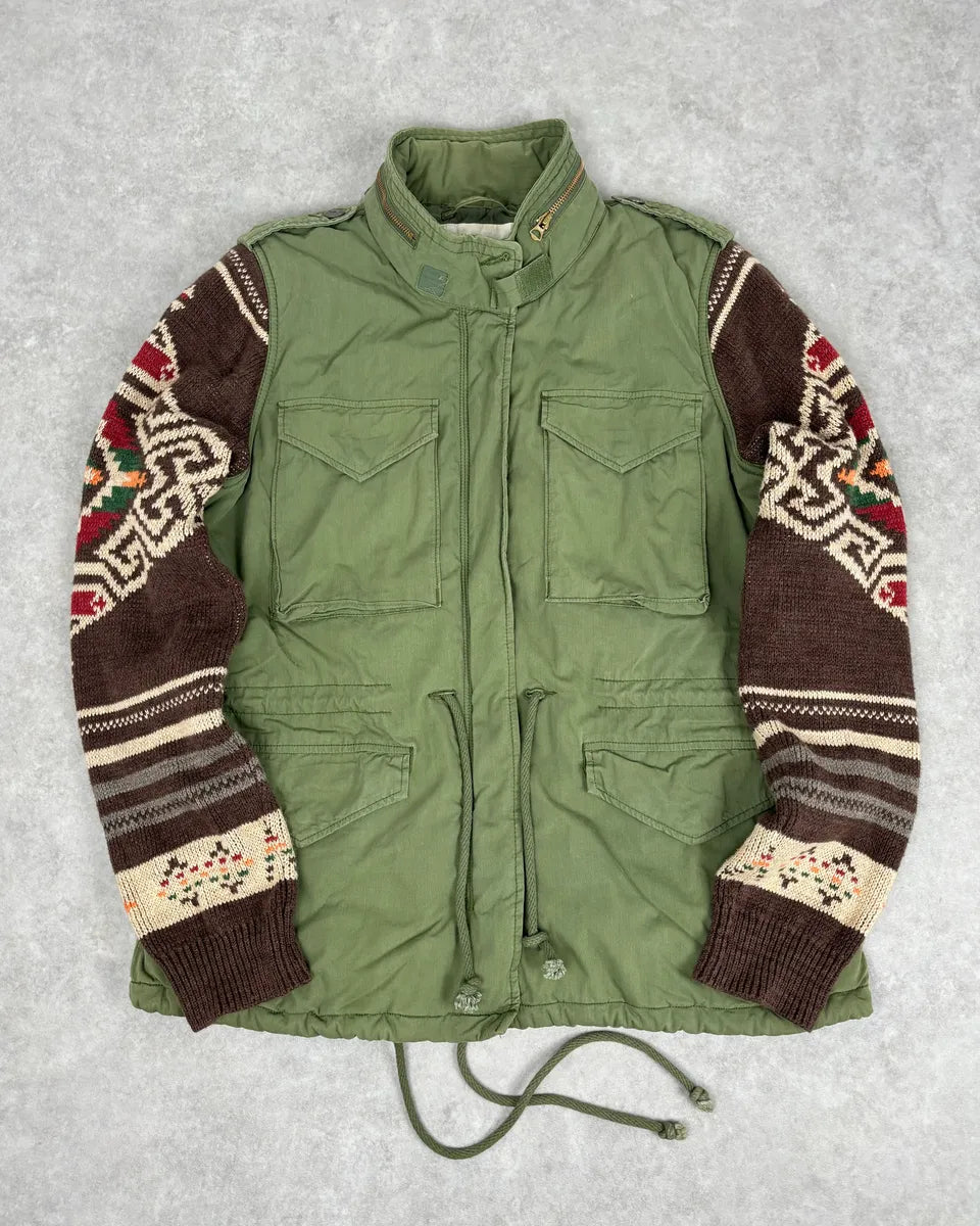 2010s Ralph Lauren Green & Brown Nylon Military Knit Sleeves Cargo Jacket QvkGFqz 0
