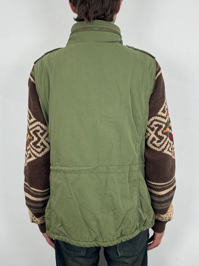 2010s Ralph Lauren Green & Brown Nylon Military Knit Sleeves Cargo Jacket QvkGFqz 2
