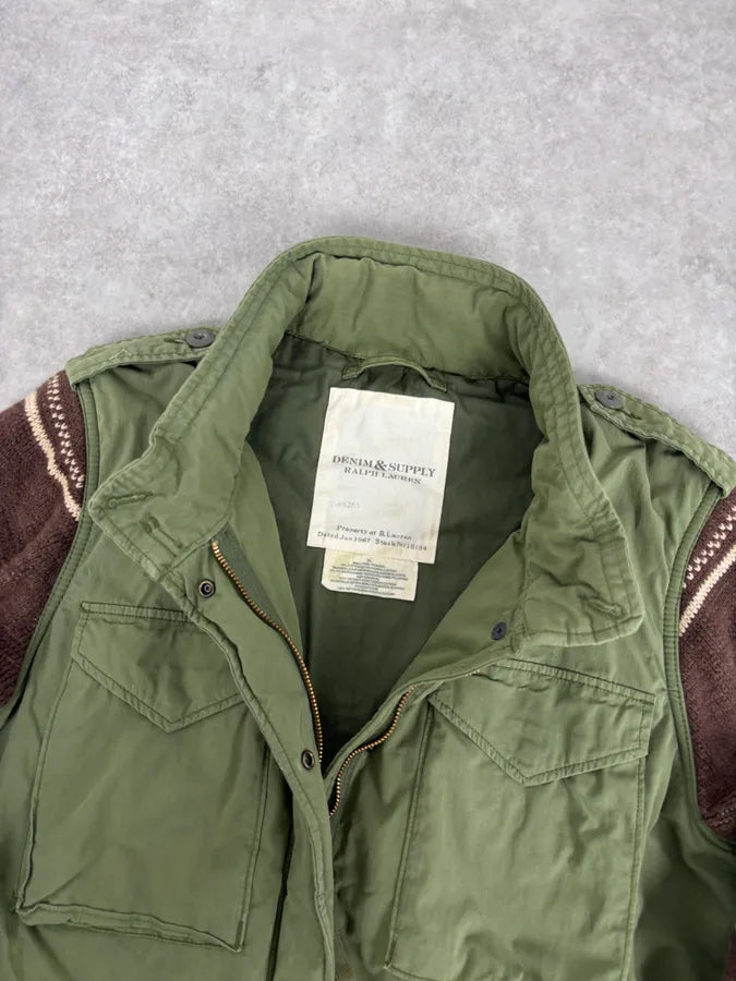 2010s Ralph Lauren Green & Brown Nylon Military Knit Sleeves Cargo Jacket QvkGFqz 7