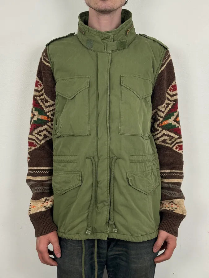 2010s Ralph Lauren Green & Brown Nylon Military Knit Sleeves Cargo Jacket QvkGFqz 1