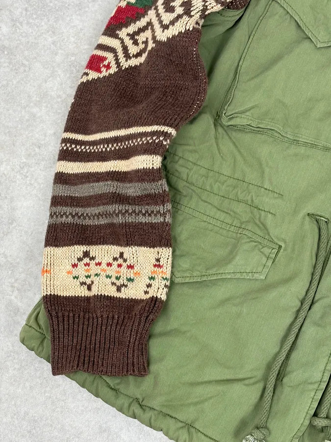 2010s Ralph Lauren Green & Brown Nylon Military Knit Sleeves Cargo Jacket QvkGFqz 8