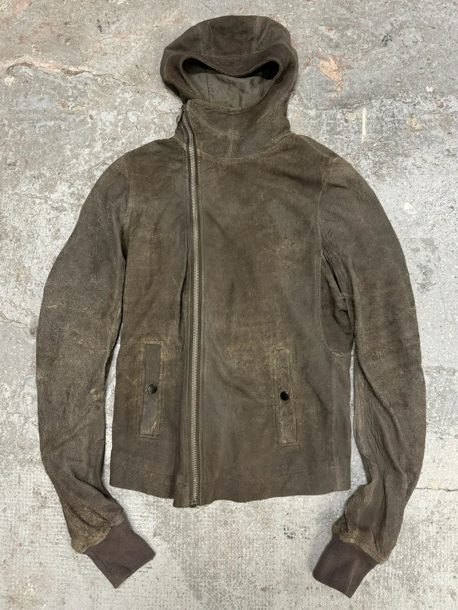Rick Owens Asymmetrical Eroded Raw Hooded Lamb Leather Jacket (S/M) lgxDdXx 0