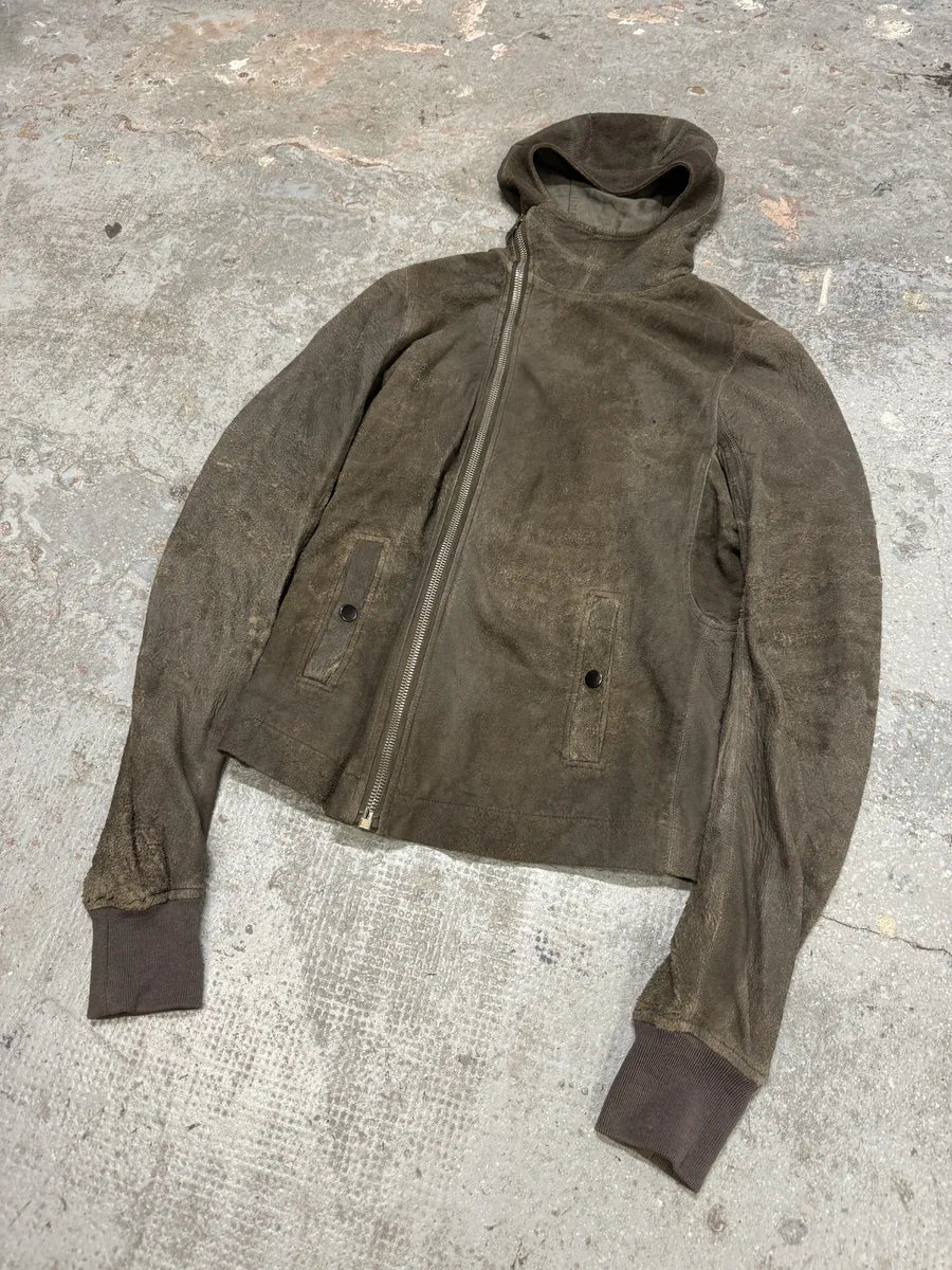 Rick Owens Asymmetrical Eroded Raw Hooded Lamb Leather Jacket (S/M) lgxDdXx 11