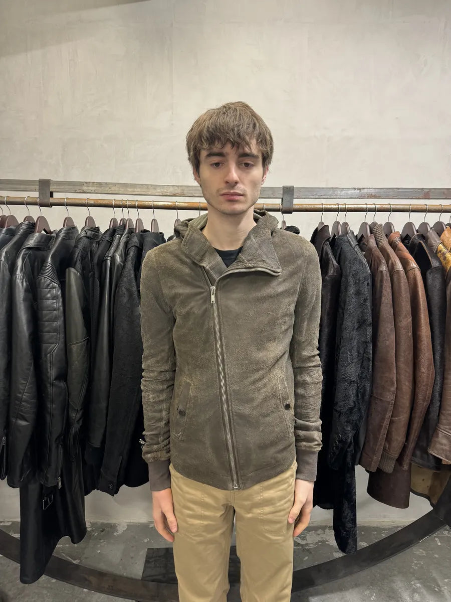 Rick Owens Asymmetrical Eroded Raw Hooded Lamb Leather Jacket (S/M) lgxDdXx 2