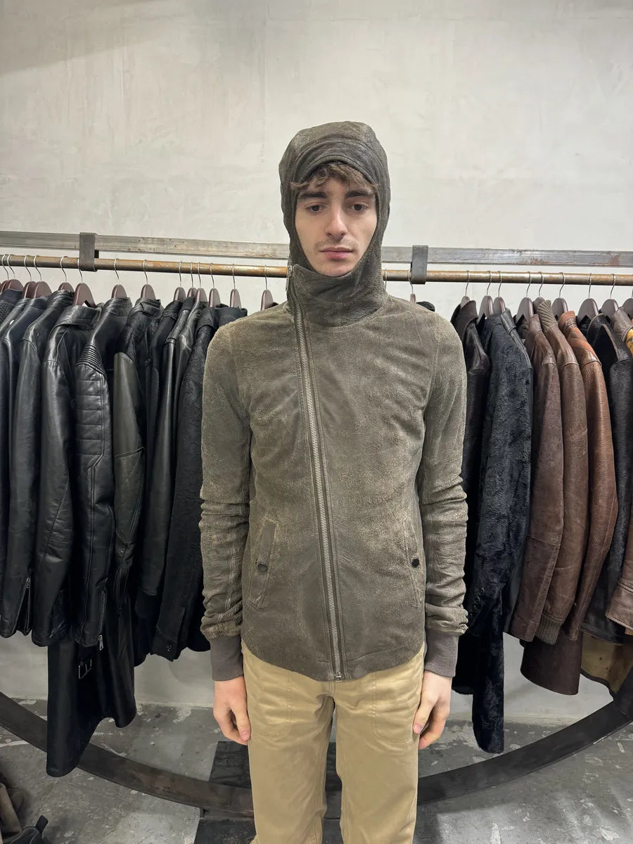Rick Owens Asymmetrical Eroded Raw Hooded Lamb Leather Jacket (S/M) lgxDdXx 3
