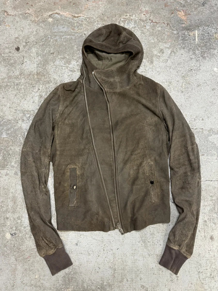 Rick Owens Asymmetrical Eroded Raw Hooded Lamb Leather Jacket (S/M) lgxDdXx 5