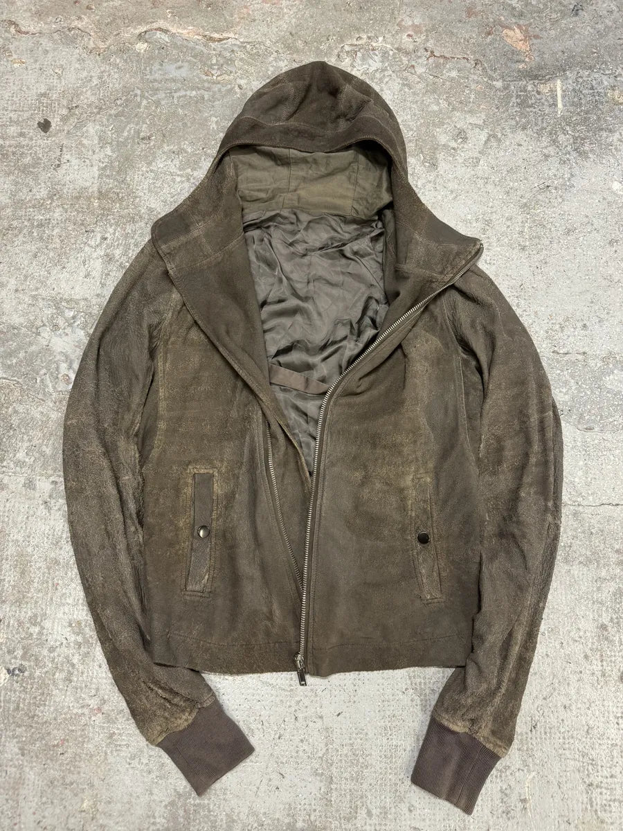Rick Owens Asymmetrical Eroded Raw Hooded Lamb Leather Jacket (S/M) lgxDdXx 7